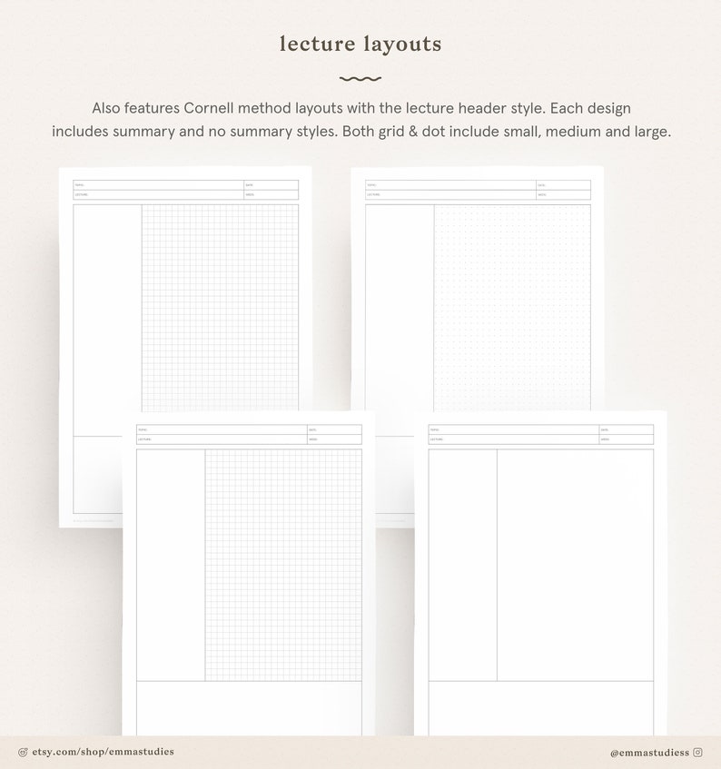 Student Note Taking Template Printable Pack A4, A5 and Letter Cornell, Lecture, Dot, Grid, Lined College Print Paper Instant Download 画像 10