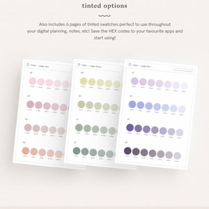 Puede incluir: Tres p&aacute;ginas de muestras de color con c&iacute;rculos de diferentes tonos de rosa, verde y azul. Las p&aacute;ginas est&aacute;n etiquetadas como "tints - page one", "tints - page three" y "tints - page five".