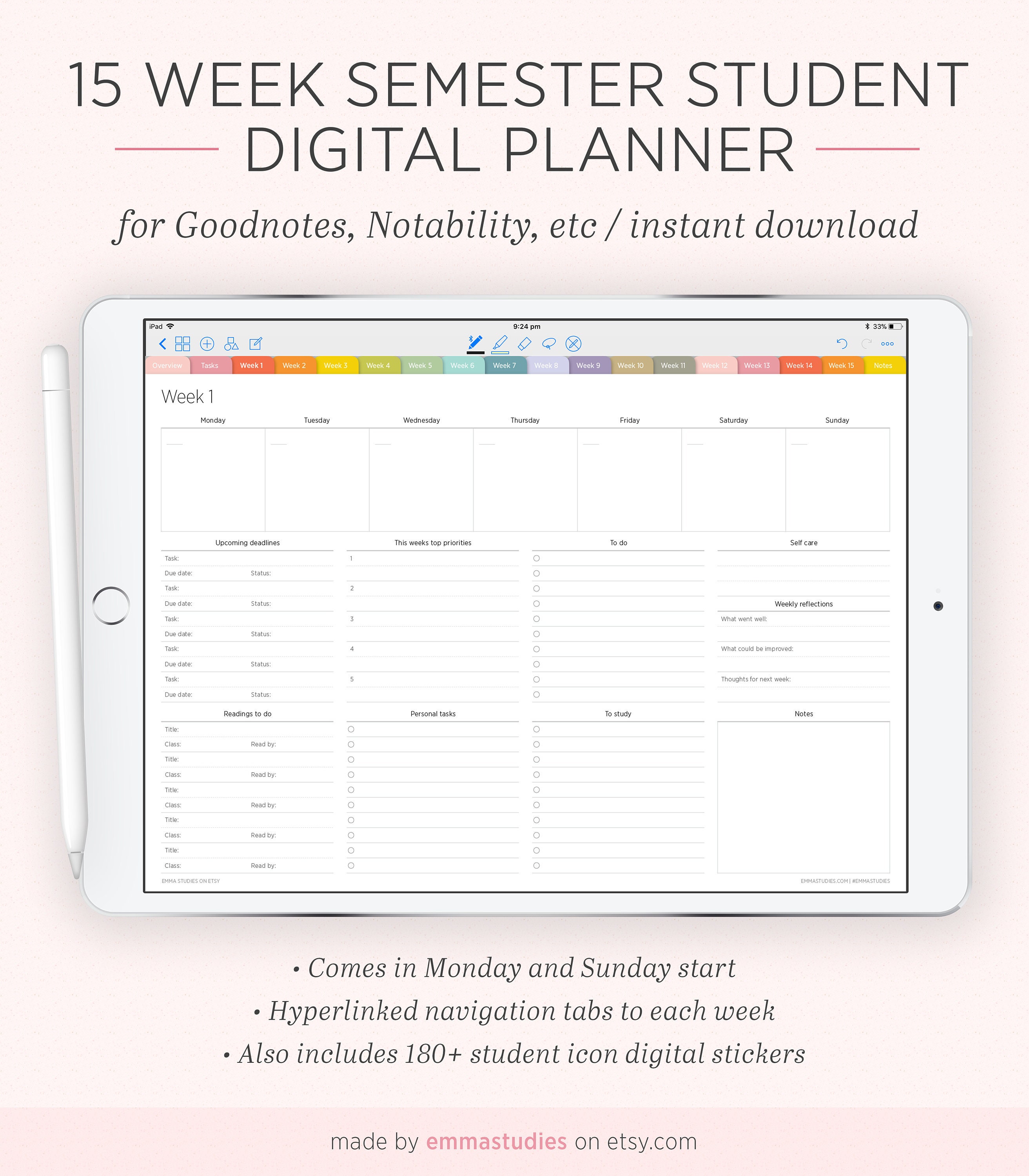Ipad planner college planner digital planner academic planner Undated