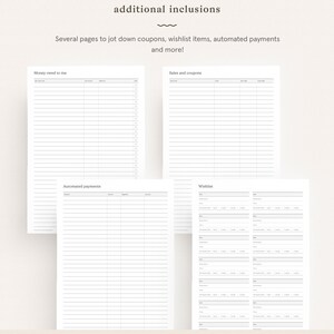K&ouml;nnte beinhalten: Druckbare Planerseiten zum Verfolgen von Geldforderungen, Verk&auml;ufen und Gutscheinen, automatisierten Zahlungen und einer Wunschliste. Die Seiten sind schwarzwei&szlig; mit einem schlichten Design.