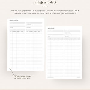 K&ouml;nnte beinhalten: Druckbare Seiten zum Verfolgen von Ersparnissen und Schulden. Die Seiten enthalten Abschnitte zum Verfolgen von Daten, Betr&auml;gen und verbleibenden Guthaben. Der Text "savings and debt" befindet sich oben auf der Seite.