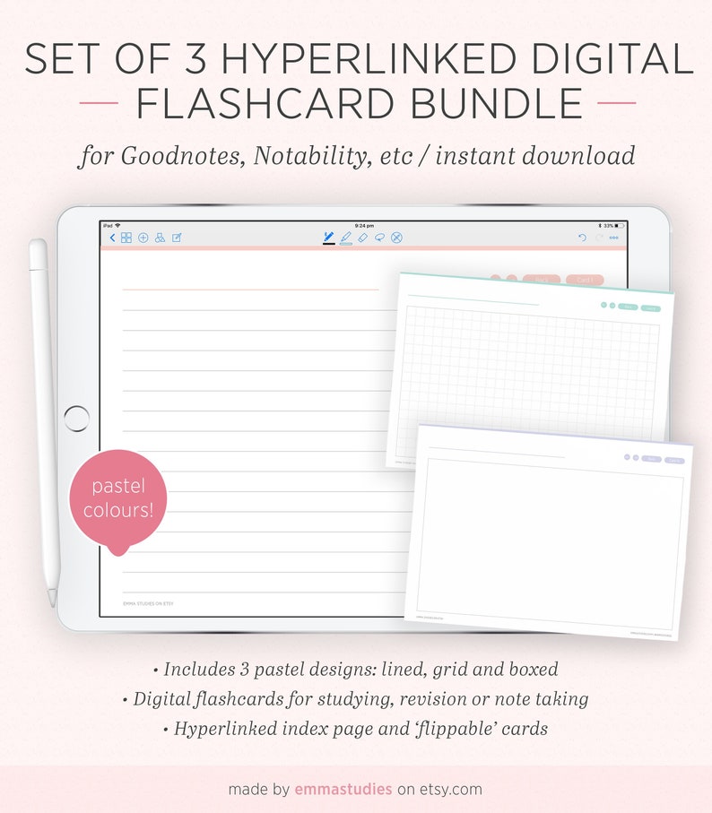 Digital Flashcards Pastel Study Index Cards Student System Cards Lined, Grid & Box iPad Tablet GoodNotes Notability Instant Download image 1