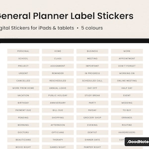 May include: Digital planner stickers for iPads and tablets. The stickers are in five different colors and feature labels for personal, home, business, and work categories. The labels include terms like "meeting", "appointment", "urgent", "reminder", "scheduled call", "day off", "study break", "party", "payday", "grocery shop", "evening", "dentist", "dinner date", "pamper night", "morning", "doctors", "beauticians", "movie night", "afternoon", "opticians", "therapy", "games night", "routine", "hairdressers", "coffee", "wedding", "to buy", "errands", "project", "assignment", "important", "in progress", "cancelled", "rescheduled", "work from home", "annual leave", "public holiday", "birthday", "payment due", "pending", "anniversary", "bill due", "shopping", "don't forget", "working on", "online meeting", "half day", "event".