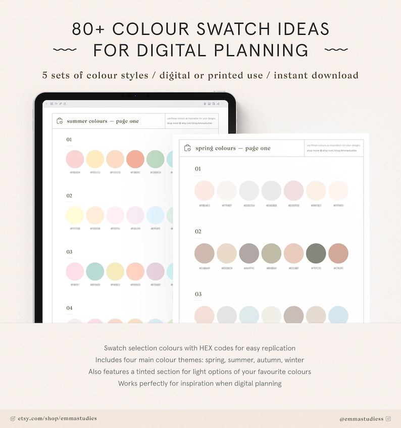 Puede incluir: Muestras de colores para planificador digital con m&aacute;s de 80 ideas de colores para la planificaci&oacute;n digital. Incluye cuatro temas de colores principales: primavera, verano, oto&ntilde;o, invierno. Tambi&eacute;n presenta una secci&oacute;n te&ntilde;ida para opciones claras de tus colores favoritos. Funciona perfectamente para la inspiraci&oacute;n cuando se planifica digitalmente.