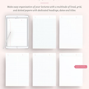 May include: A set of 6 printable lecture paper templates in various styles, including lined, grid, and dotted. The templates are designed for easy organization of lectures with dedicated headings, dates, and titles. Includes 13 template options to choose from.
