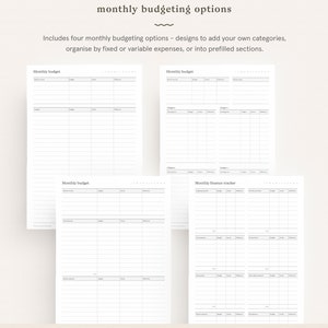 K&ouml;nnte beinhalten: Vier druckbare Budgetplaner-Seiten mit verschiedenen Layouts. Jede Seite hat einen Titel, "Monatsbudget" oder "Monatlicher Finanztracker", und ist in Spalten f&uuml;r Kategorien, Budget, tats&auml;chliche Ausgaben und Differenz unterteilt. Die Seiten sind so konzipiert, dass sie Menschen helfen, ihre Finanzen zu verfolgen und ein Budget zu erstellen.
