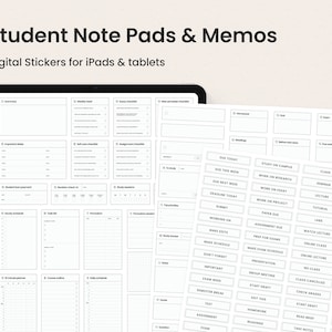May include: A set of digital stickers for iPads and tablets designed for students. The stickers feature various note pad templates, including to-do lists, study schedules, and assignment checklists. There are also stickers with phrases like "Due Today", "Working On", and "Make Notes".