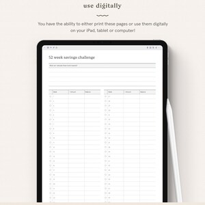 K&ouml;nnte beinhalten: Ein druckbarer 52-Wochen-Spar-Challenge-Tracker mit einer Tabelle, um w&ouml;chentliche Sparbetr&auml;ge und Guthaben zu verfolgen. Der Tracker ist f&uuml;r die digitale Verwendung auf einem Tablet oder Computer konzipiert.
