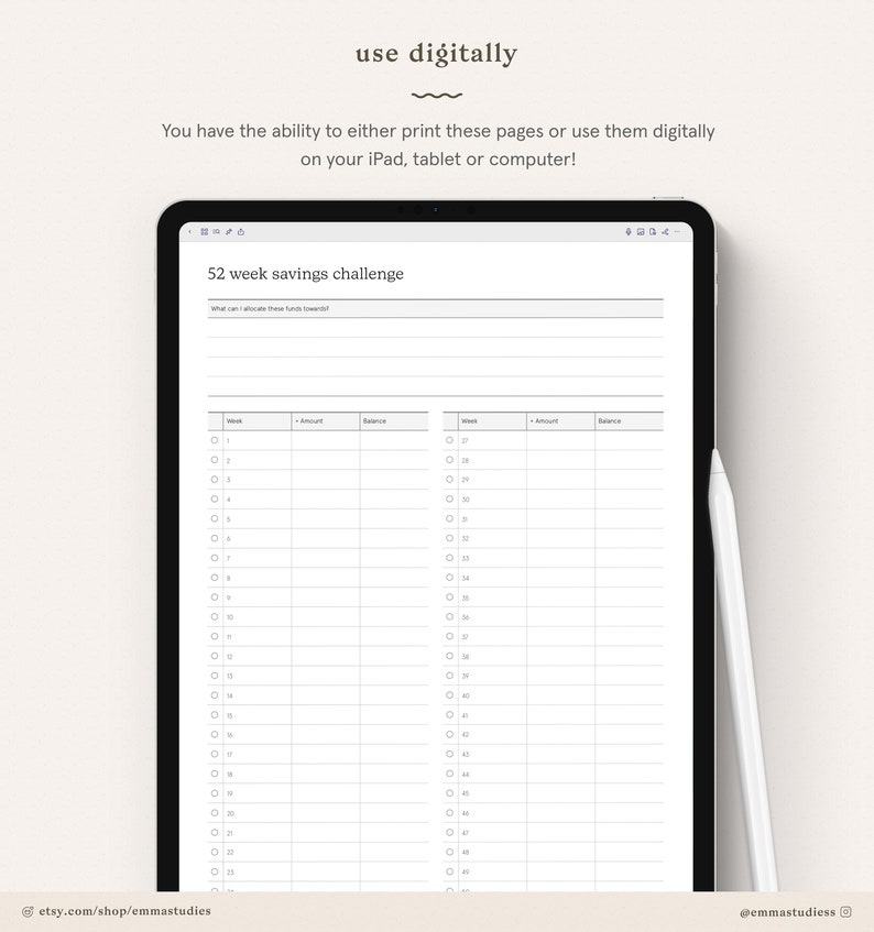 K&ouml;nnte beinhalten: Ein druckbarer 52-Wochen-Spar-Challenge-Tracker mit einer Tabelle, um w&ouml;chentliche Sparbetr&auml;ge und Guthaben zu verfolgen. Der Tracker ist f&uuml;r die digitale Verwendung auf einem Tablet oder Computer konzipiert.