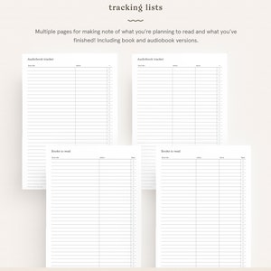 May include: Four printable pages with blank lines for tracking books and audiobooks. The pages are titled "Audiobook Tracker" and "Books to Read".