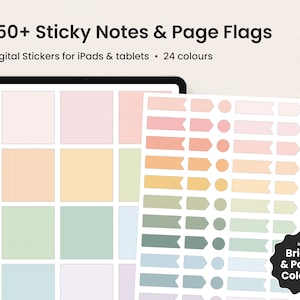 May include: Digital stickers for iPads and tablets featuring 150+ sticky notes and page flags in 24 bright and pastel colors. The stickers include various shapes, sizes, and patterns, including plain, grid, and lined.
