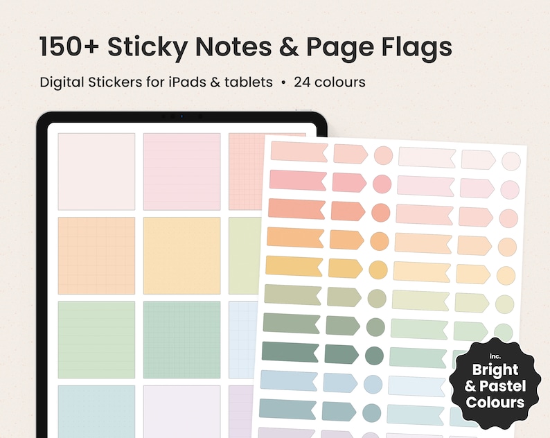 May include: Digital stickers for iPads and tablets featuring 150+ sticky notes and page flags in 24 bright and pastel colors. The stickers include various shapes, sizes, and patterns, including plain, grid, and lined.