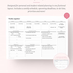 May include: A black and white printable weekly planner with a pink header that says "Weekly example". The planner includes sections for Monday through Sunday, with spaces for upcoming deadlines, to-do lists, and notes. The planner also includes a section for "This week's top priorities" and "Readings to do".