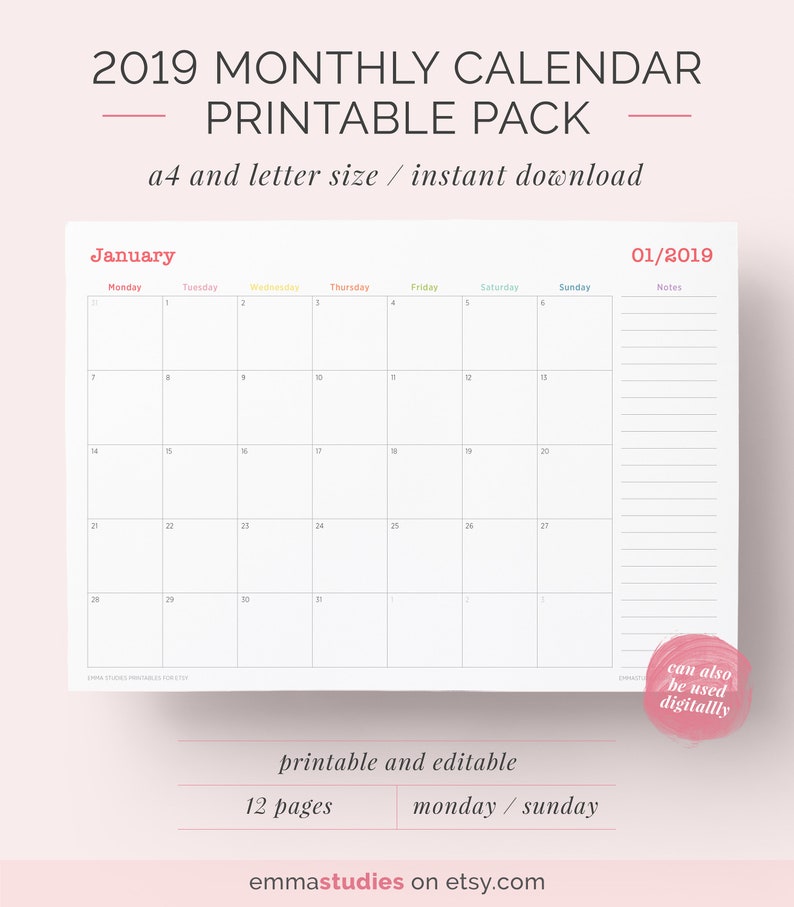 2019 Month-to-month Calendar Printable Pack A4 and Letter Monday and Sunday Instantaneous Obtain School University student, Thirty day period Organiser, Plan graphic regarding Printable Planner Calendar titled 2019 Every month Calendar Printable Pack A4 and Letter Monday and Sunday Fast Obtain College or university Scholar, Thirty day period Organiser, Program