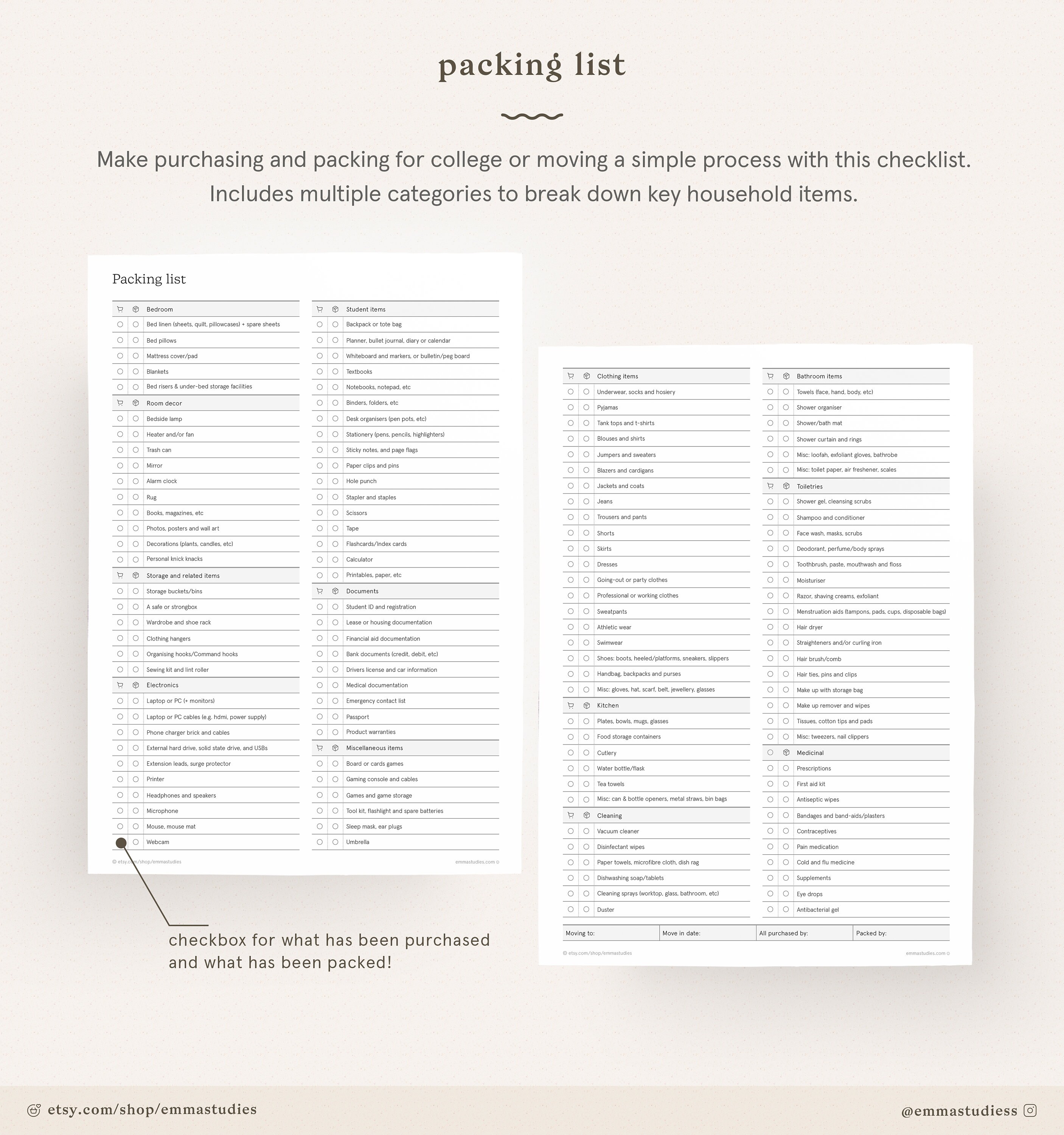 College Student Packing List Printable | Semester Dorm Housing ...