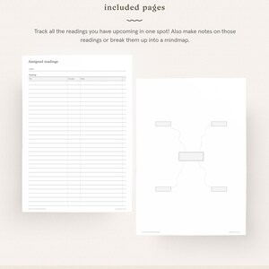 May include: A printable planner page with a section for assigned readings and a mind map section. The text on the page reads "Track all the readings you have upcoming in one spot! Also make notes on those readings or break them up into a mindmap."