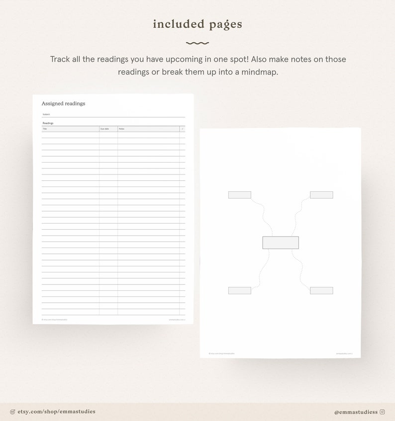 May include: A printable planner page with a section for assigned readings and a mind map section. The text on the page reads "Track all the readings you have upcoming in one spot! Also make notes on those readings or break them up into a mindmap."