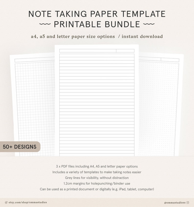 Student Note Taking Template Printable Pack A4, A5 and Letter Cornell, Lecture, Dot, Grid, Lined College Print Paper Instant Download 画像 1
