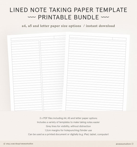 lined paper student note taking printable set a4 a5 and etsy australia