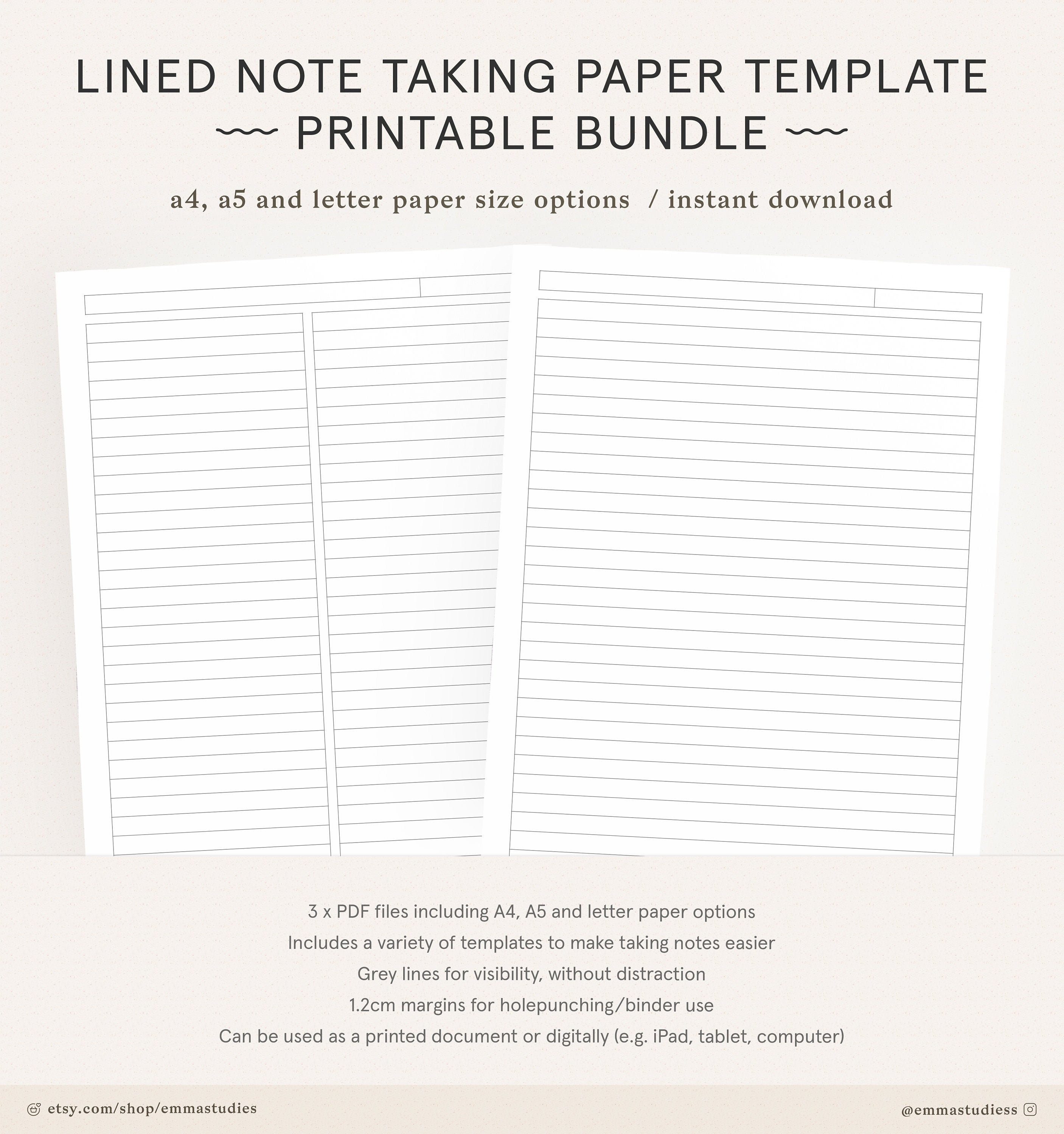 lined paper student note taking printable set a4 a5 and etsy australia