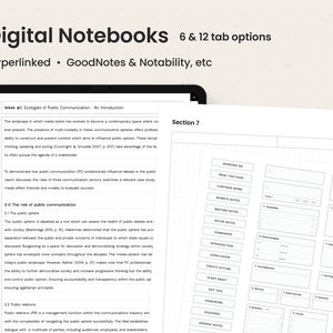 Może przedstawiać: Cyfrowy notatnik na tablecie z tekstem "Digital Notebooks" i "6 & 12 tab options". Ekran wyświetla dokument z tekstem i podzielonym układem. Notatnik jest hiperłączony i kompatybilny z GoodNotes i Notability.