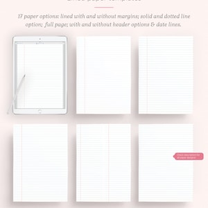 May include: Six different lined paper templates with margins and without margins. The templates are displayed on a pink background. The text "Lined paper templates" is at the top of the image. The text "17 paper options: lined with and without margins; solid and dotted line option; full page; with and without header options & date lines." is below the title. The text "made by emmastudies on etsy.com" is at the bottom of the image. The text "Check description for all paper designs!" is in a pink box in the bottom right corner of the image.