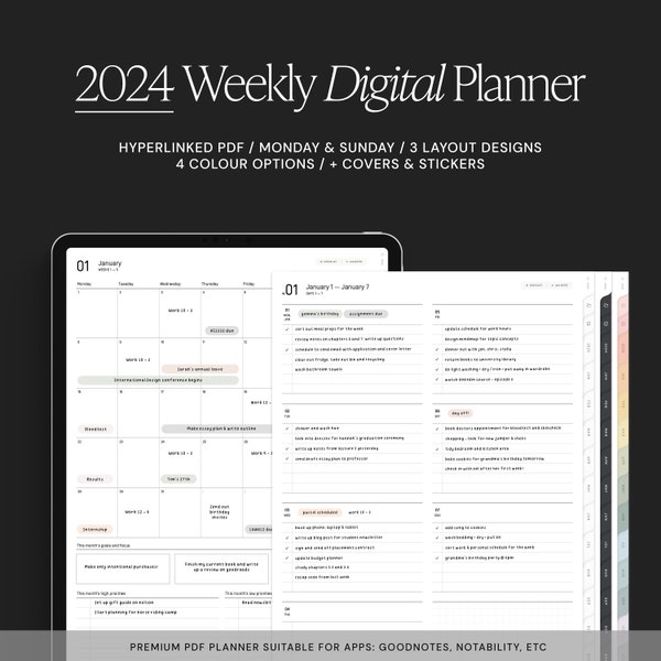 2024 Planificador Digital RETRATO SEMANAL / Planificador Digital, Planificador GoodNotes, Planificador de iPad, Planificador de Notabilidad, Organizador Digital