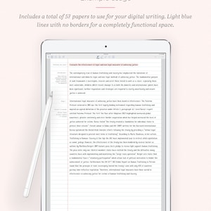 May include: A digital tablet screen displaying a text document with light blue lines. The text discusses the effectiveness of legal and non-legal measures in achieving justice for victims of human trafficking and slavery. The text includes the phrase "The contemporary issue of human trafficking and slavery has emphasized the limitations of international and domestic legal and non-legal methods of achieving justice."