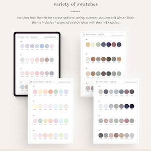 Puede incluir: Cuatro p&aacute;ginas digitales de muestras de color para las paletas de colores de primavera, verano, oto&ntilde;o e invierno. Cada p&aacute;gina presenta 16 c&iacute;rculos de color con sus c&oacute;digos hexadecimales correspondientes.