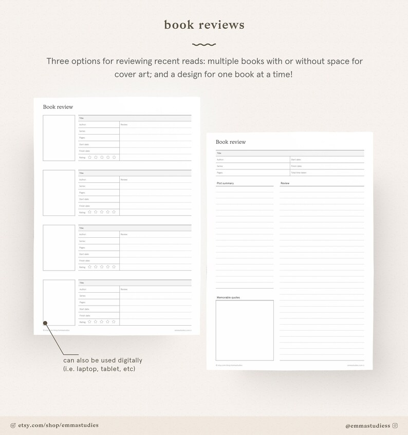 May include: Printable book review template with three different layouts. The template includes sections for title, author, genre, start date, finish date, pages, rating, plot summary, and memorable quotes.