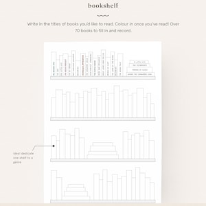 May include: A black and white printable bookshelf chart with three shelves. The chart has a title that says "bookshelf" and instructions to "Write in the titles of books you'd like to read. Colour in once you've read! Over 70 books to fill in and record."