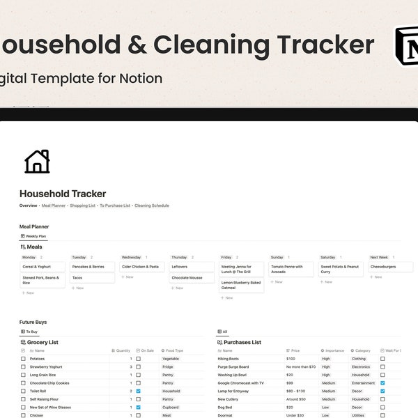 Notion Template Household Cleaning Tracker | Meal Planner Grocery List Recipe Chores | Notion Organiser | House Planner Digital Organiser