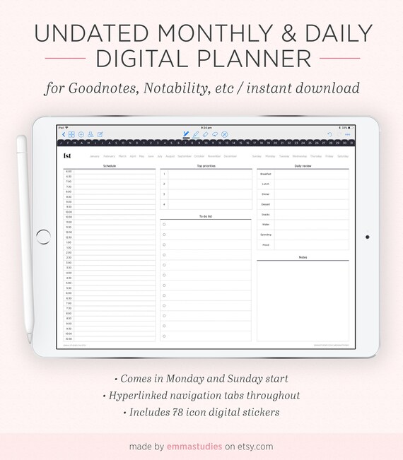 digital daily and month time undated planner bundle daily monthly yearly hyperlinked organiser ipad tablet calendar instant download daily time planner
