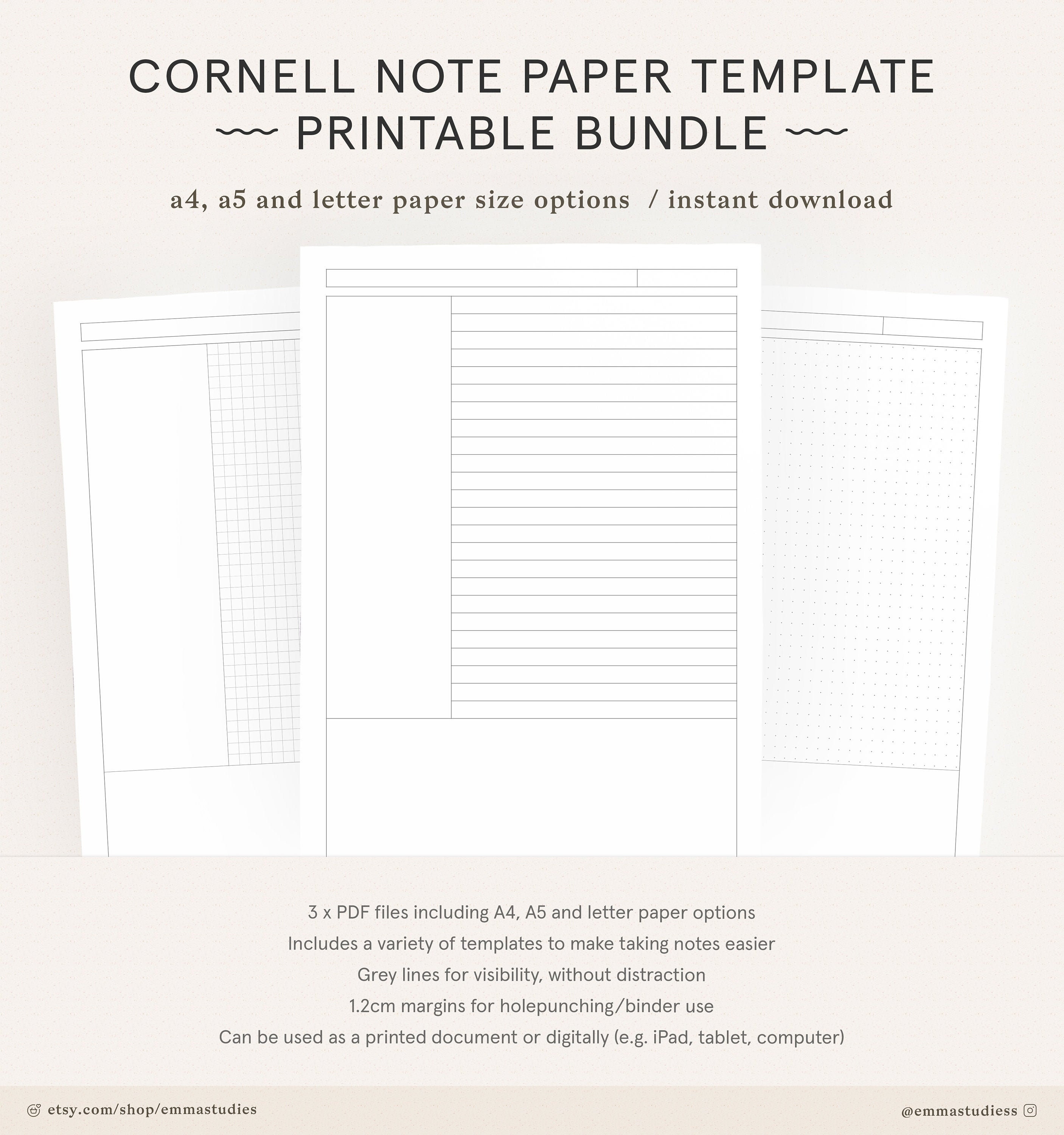 Cornell Method Student Note Taking Printable Paper Set  A30, A30 and Letter   School, College, University Notebook Studying Instant Download