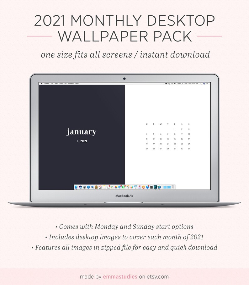 2021 Monthly Calendar Desktop Wallpaper Background File | Etsy