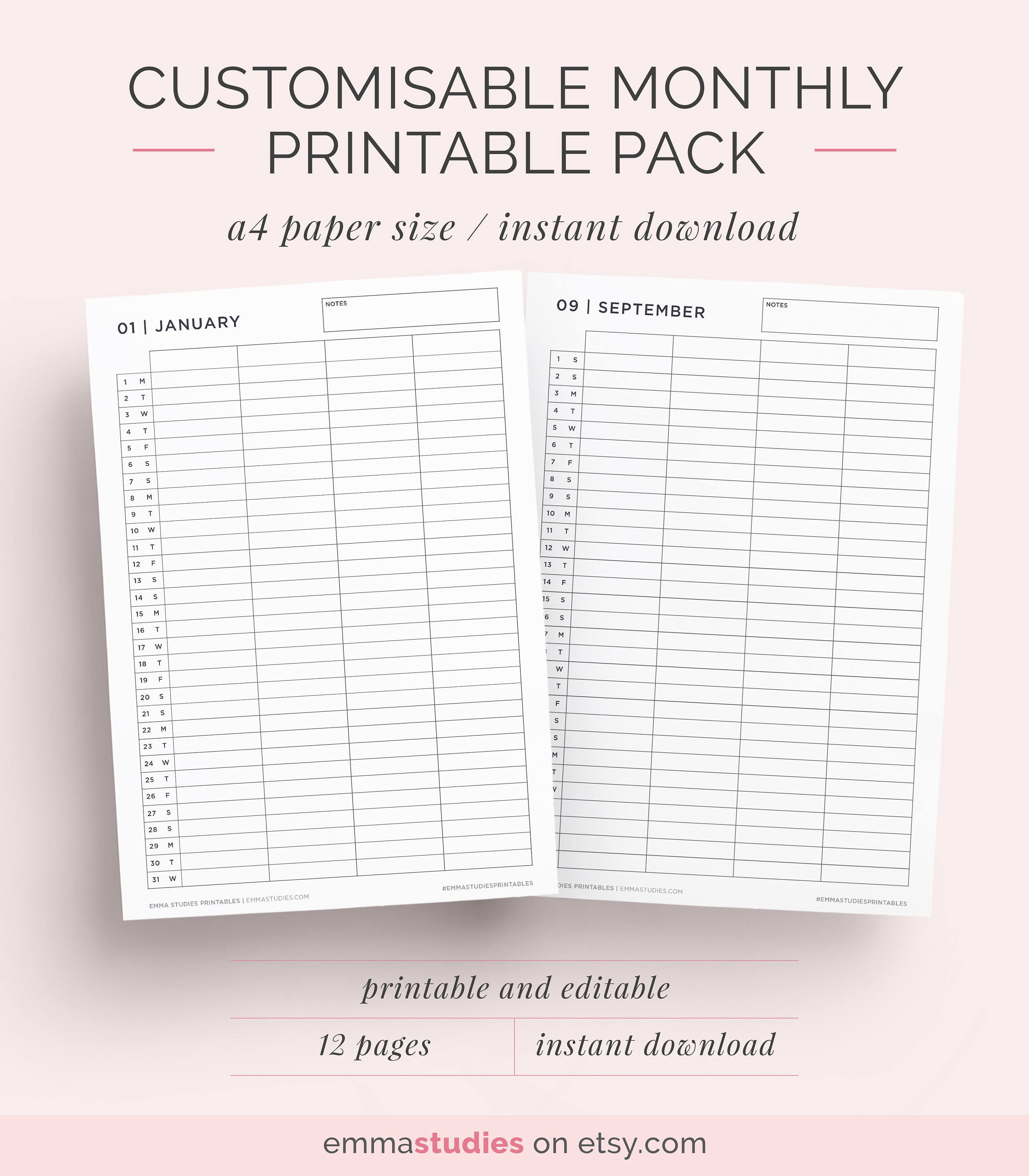 2018 Monthly Calendar Printable Customisable Header Etsy