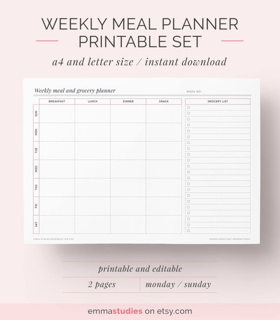 Weekly Meal Planner Printable  Shopping Grocery Food List