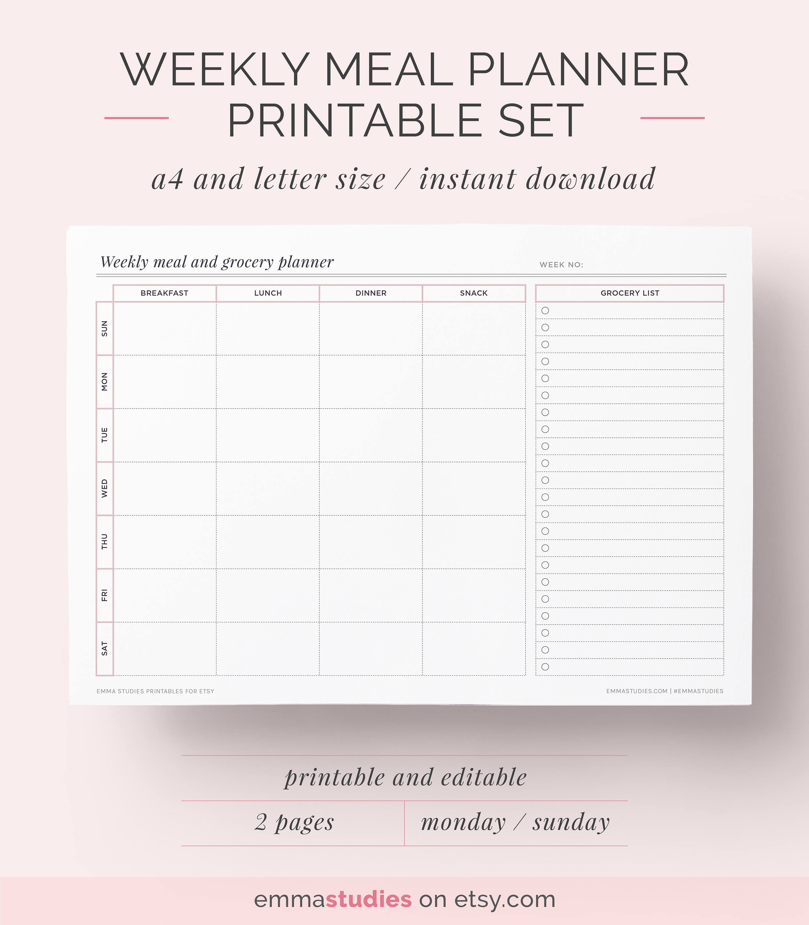 Weekly Meal Planner Printable Shopping Grocery Food List