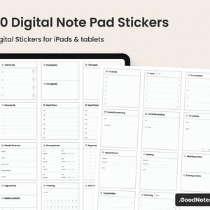 May include: A digital planner sticker set for iPad and tablets. The set includes 60 stickers with various designs for note-taking, planning, and organising. The stickers are black and white and feature text labels such as "To-do list", "Grocery list", "Meal Plans", "Weekly Finances", "Due Expenses", "Expense", "Appointment", "Meeting", "Morning Routine", "Evening Routine", "High Priority", "Medium Priority", "Tracking", "Birth", "Top Priorities", "Cleaning", "Currently Watching", "Currently Reading", "To Contact", "To Complete", "Parts", "The Fun List", "In Progress", "Completed", and "This Week".