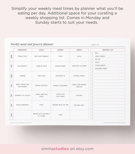 Weekly Meal Planner Printable Shopping Grocery Food List Etsy