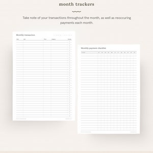 K&ouml;nnte beinhalten: Ein druckbarer monatlicher Budget-Tracker und eine Checkliste. Die linke Seite ist eine Tabelle zur Verfolgung monatlicher Transaktionen mit Spalten f&uuml;r Datum, Artikel, Preis, Kategorie und Notizen. Die rechte Seite ist eine Checkliste f&uuml;r monatliche Zahlungen mit Spalten f&uuml;r die Zahlung und jeden Monat des Jahres.