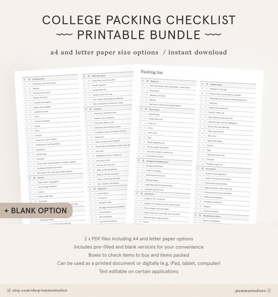 college student packing list printable semester dorm housing etsy australia