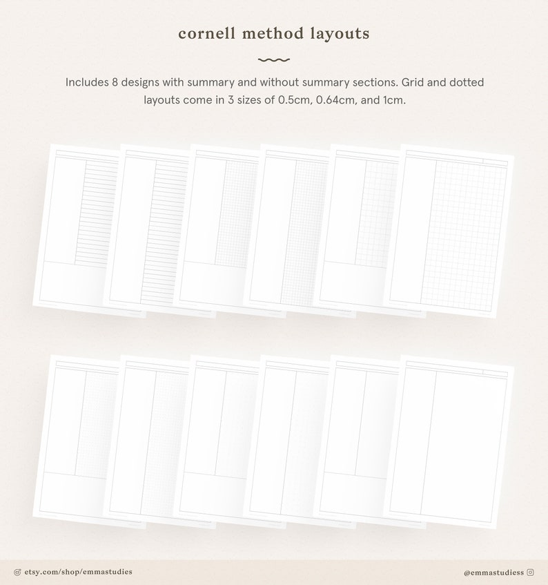 Student Note Taking Template Printable Pack A4, A5 and Letter Cornell, Lecture, Dot, Grid, Lined College Print Paper Instant Download 画像 8