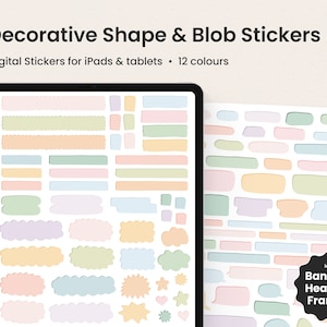 May include: A digital sticker set for iPads and tablets featuring a variety of shapes and blobs in 12 pastel colors. The stickers include banners, headers, and frames.