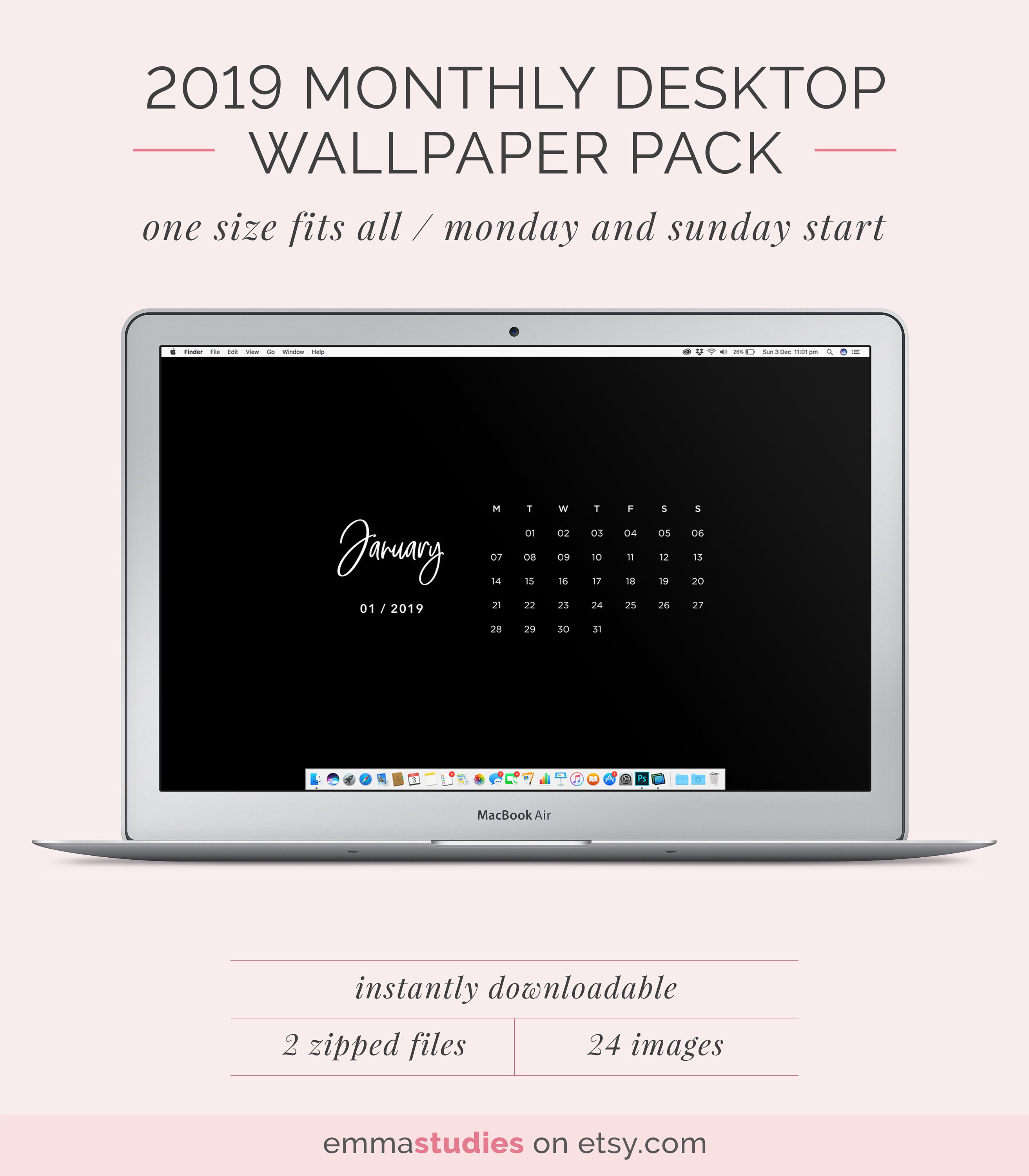 2019 Monthly Calendar Minimalist Desktop Background Wallpaper | Etsy