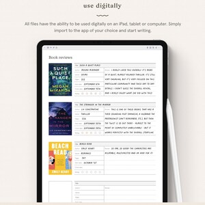 May include: A digital screen displaying a book review template with a list of books and their details, including title, author, genre, pages, start date, finish date, and rating. The books are "Such a Quiet Place" by Megan Miranda, "The Stranger in the Mirror" by Liv Constantine, and "Beach Read" by Emily Henry. The template is designed for use on an iPad, tablet, or computer.