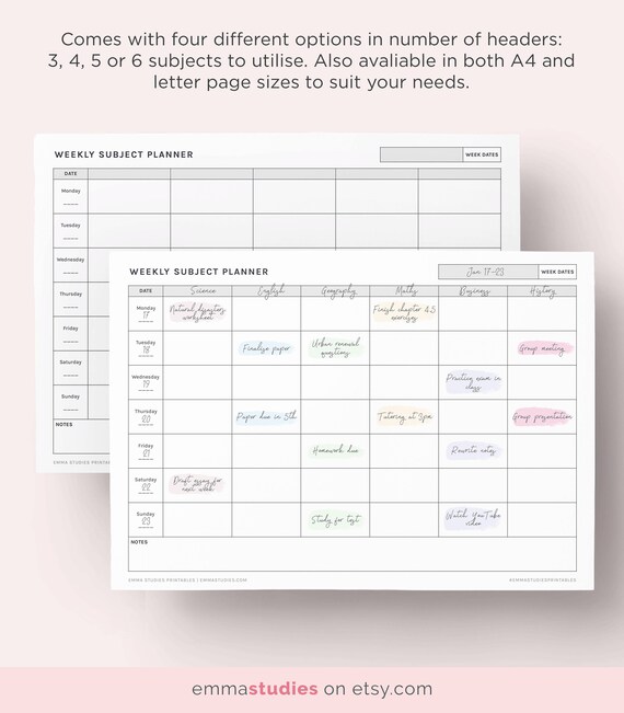 weekly student subject planner study timetable organiser agenda college school university planner insert instant download student planner with subjects