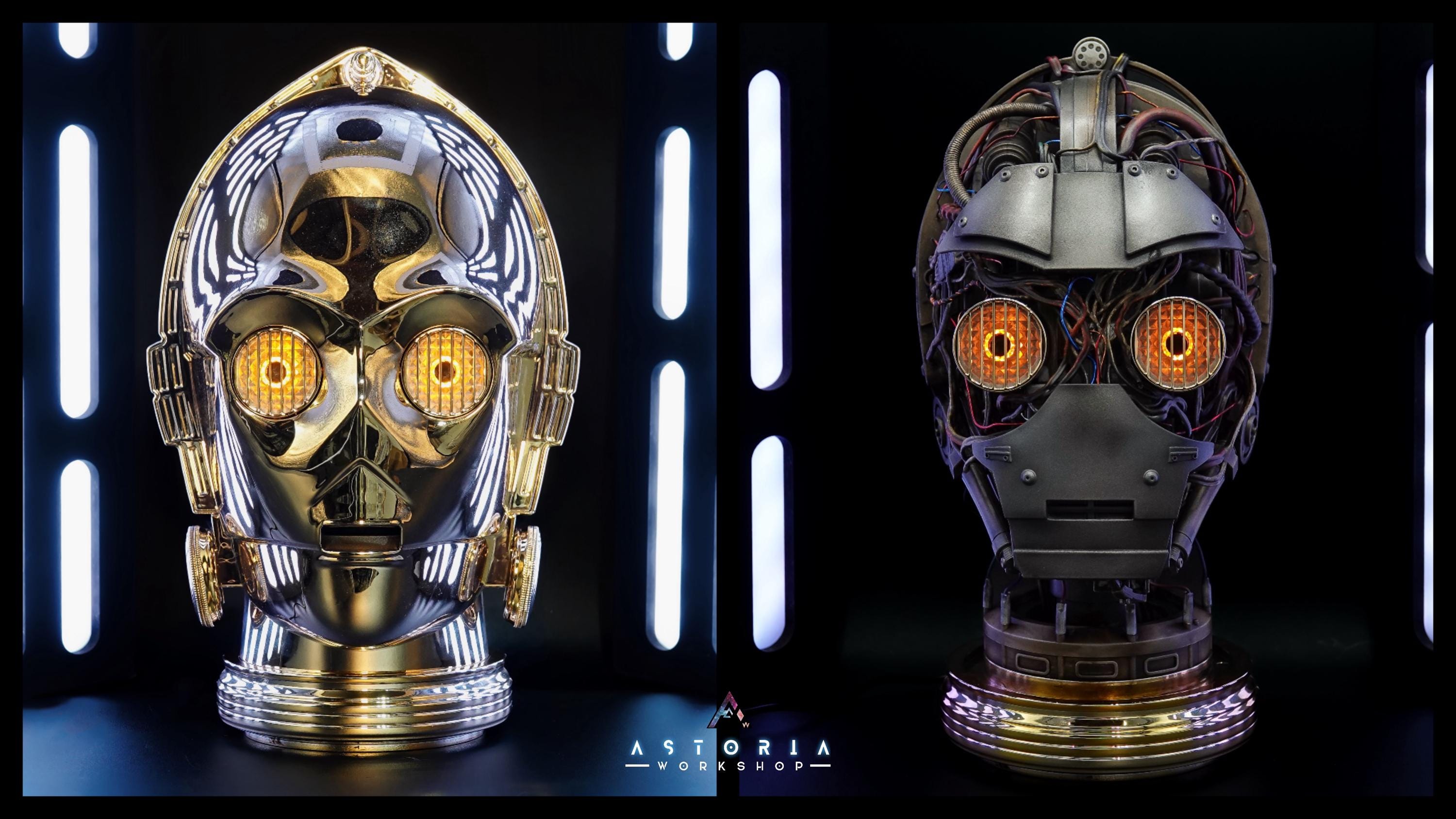 C-3PO Custom Weathered Exposed Droid Bust with Lights, Star Wars C3PO Life Size Head Sculpt Droid Depot Galactic Archive Service