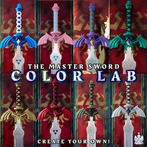 Op de afbeelding: Een assortiment kleurrijke Master Swords, elk met een uniek handvat en lemmetontwerp. De afbeelding toont zwaarden in verschillende kleuren, waaronder blauw, roze, paars en groen, met de tekst "THE MASTER SWORD COLOR LAB" en "CREATE YOUR OWN!"