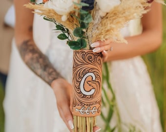 Hand Tooled Leather Wedding, Bridal Bouquet Wrap-Western Boho-Personalize with Cactus, Feathers, Floral Tooling, Brand or Initial